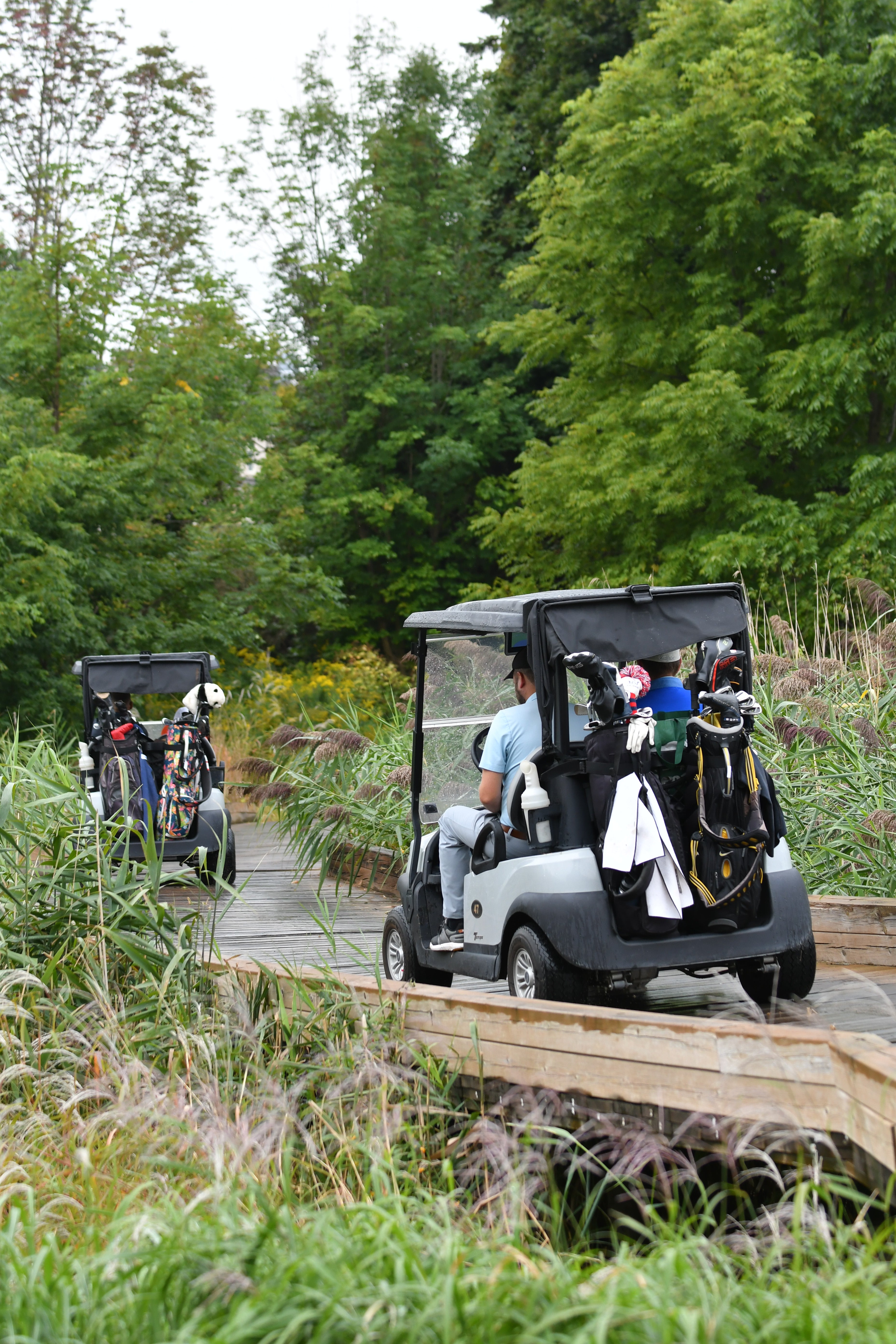 People driving golf carts